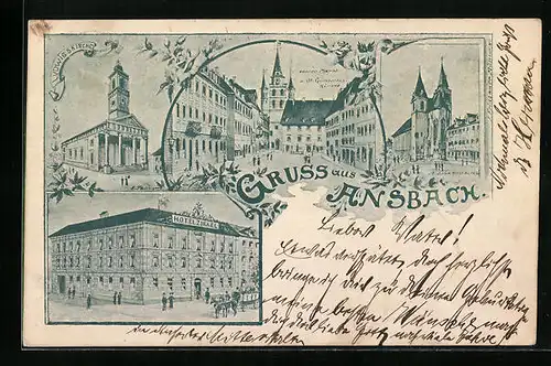 AK Ansbach, Hotel Zirkel, Oberer Markt, Ludwigskirche, St. Johanneskirche