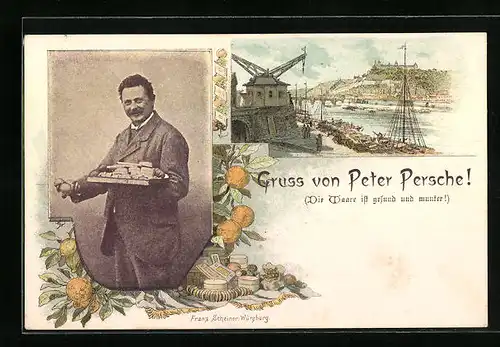 Lithographie Würzburg, Stadttyp Peter Persche mit Waren, Partie am Hafen