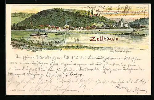 Lithographie Zell a. Main, Ortsansicht mit Maindampfer