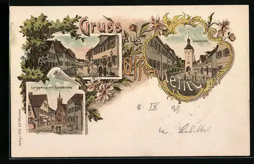 Lithographie Uffenheim, Unteres Thor, Langgasse mit Spitalkirche, Strassenpartie