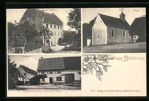 AK Bittelbrunn, Spezerei-Handlung Wilhelm Probst, Schule mit Rathaus, Kirche