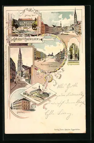 Lithographie Eggenfelden a. R., Marktplatz mit Spitalkirche, Kirchgasse mit Pfarrkirche, Kloster