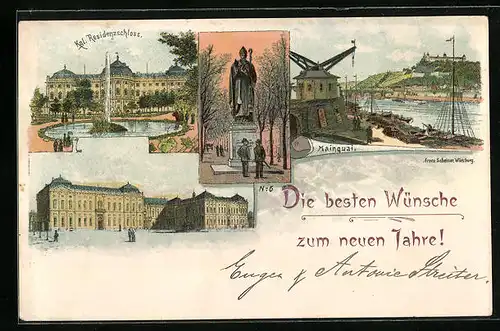 Lithographie Würzburg, Königliches Residenzschloss, Mainquai, Denkmal, Neujahrsgruss