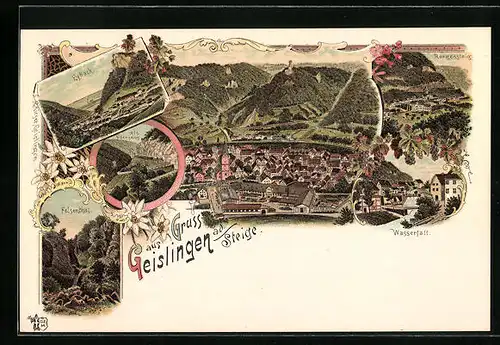 Lithographie Geislingen a. d. Stiege, Rorgenstaig, Wasserfall, Alb-Übergang