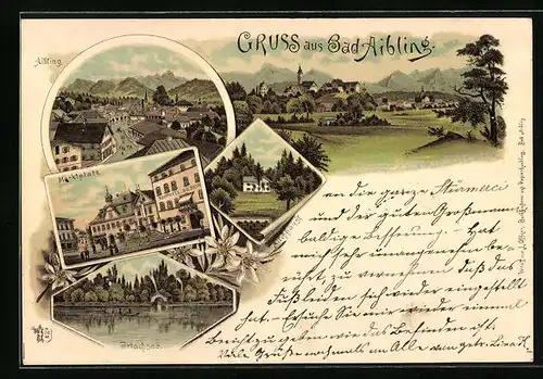 Lithographie Bad Aibling, Marktplatz mit Kurhotel, Milchhäusl, Irlachsee