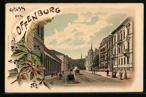Lithographie Offenburg, Bahnhof und Hauptstrasse