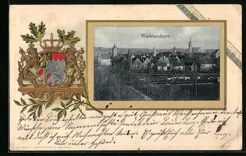 Passepartout-Lithographie Weissenhorn, Teilansicht, Wappen
