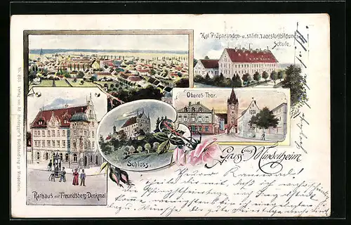 Künstler-AK Mindelheim, Kgl. Präparanden- u. städt. Tagesfortbildungs-Schule, Rathaus mit Freundsberg-Denkmal