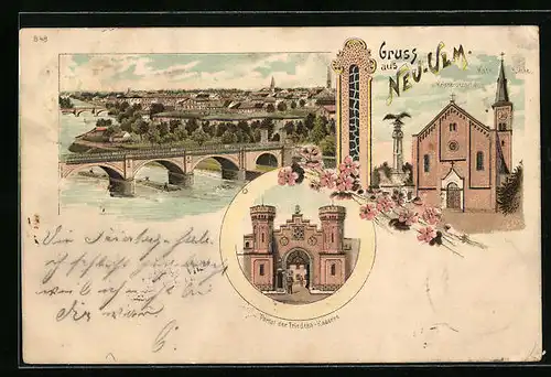 Lithographie Neu-Ulm, Teilansicht mit Brücke, Katholische Kirche und Kriegerdenkmal, Portal der Friedens-Kaserne