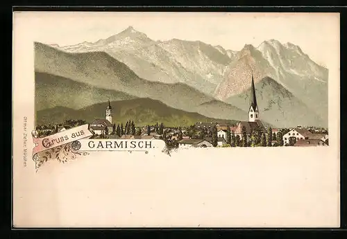 Lithographie Garmisch, Teilansicht mit Kirche