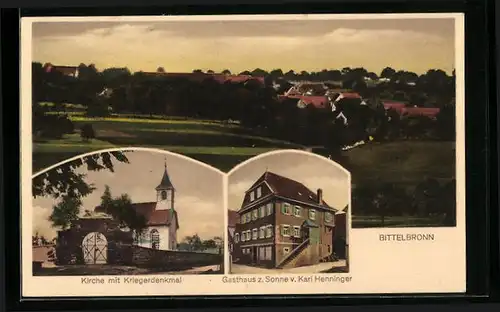 AK Bittelbronn, Gasthaus zur Sonne, Kirche mit Kriegerdenkmal, Teilansicht