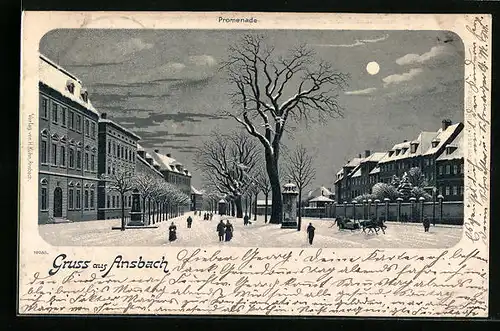 Winter-Lithographie Ansbach, Promenade mit Pferdeschlitten bei Mondschein