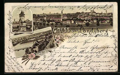 Lithographie Landsberg a. L., Mutterturm, Totalansicht