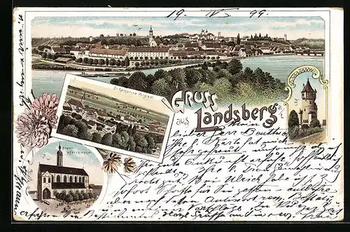 Lithographie Landsberg a. L., Totalansicht, Stadtpfarrkirche, St. Katharinavorstadt