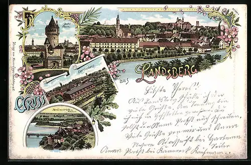 Lithographie Landsberg a. L., Mutterturm, Exercierhaus, Totalansicht, Karolinenbrücke