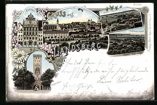 Lithographie Landsberg a. L., Rathaus, Bayertor, Sandauer Vorstadt, Totalansicht