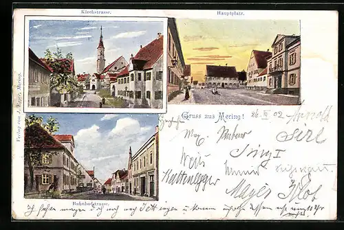 AK Mering, Kirchstrasse, Hauptplatz, Bahnhofstrasse