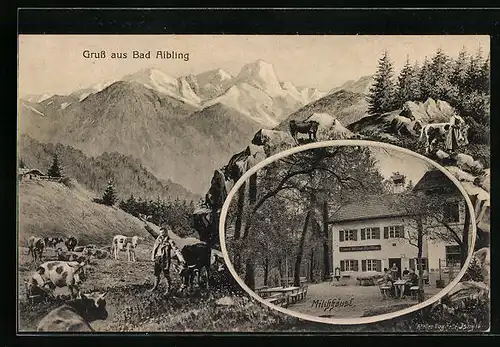 Künstler-AK Eugen Felle: Bad Aibling, Gasthaus Milchhäusl, Alm mit Gebirgspanorama