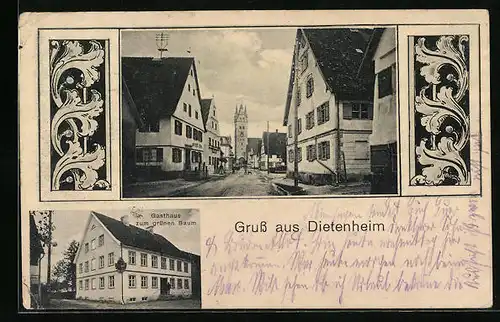 AK Dietenheim, Gasthaus zum grünen Baum, Strassenpartie am Marktplatz