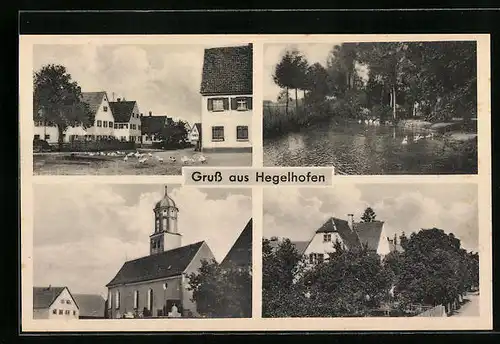 AK Hegelhofen, Strassenpartie, Schwanenteich, Kirche