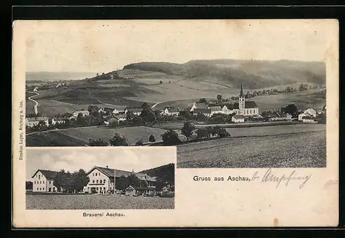 AK Aschau, Gesamtansicht aus der Ferne, Brauerei