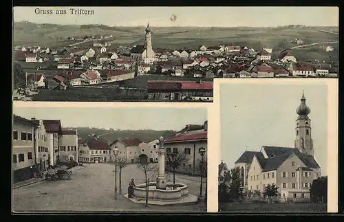 AK Triftern, Totalansicht, Brunnen am Marktplatz, Kirche