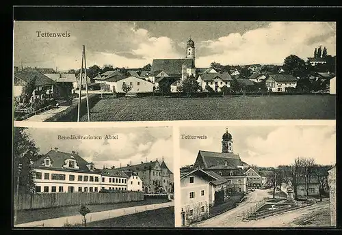 AK Tettenweis, Benedektinerinnen Abtei, Strassenpartie mit Denkmal, Totalansicht