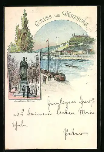 Lithographie Würzburg, Franz Scheiner-Denkmal, Uferpartie mit Dampfer