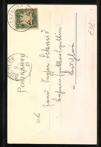 Lithographie Würzburg, Franz Scheiner-Denkmal, Uferpartie mit Dampfer