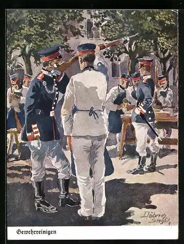 Künstler-AK Döbrich-Steglitz: Rekruten beim Gewehrreinigen