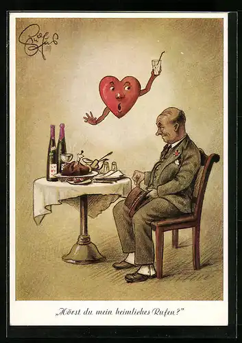 Künstler-AK Heinz Geilfus: Herz warnt vor deftigen Speisen