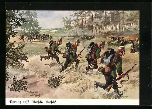 Künstler-AK Döbrich-Steglitz: Sprung auf! Marsch, Marsch!, Infanterie im Manöver