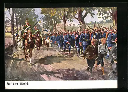 Künstler-AK Döbrich-Steglitz: Infanterie und Kavallerie auf dem Marsch