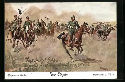 Künstler-AK Döbrich-Steglitz: Jäger-Regt. z. Pf. 2 reitet eine Schwarmattacke