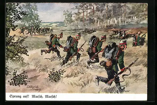 Künstler-AK Döbrich-Steglitz: Infanterie im Manöver