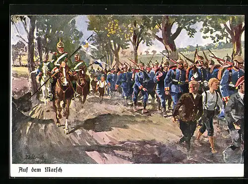 Künstler-AK Döbrich-Steglitz: Kavallerie und Infanterie auf dem Marsch