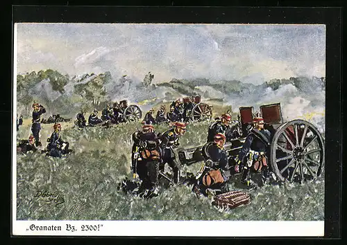 Künstler-AK Döbrich-Steglitz: Granaten Bz. 2300!, Artillerie in Feuerstellung