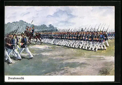 Künstler-AK Döbrich-Steglitz: Infanterie beim Parademarsch