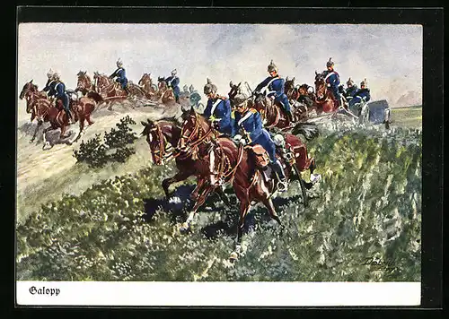 Künstler-AK Döbrich-Steglitz: Artillerie fährt im Galopp Geschütze in Stellung