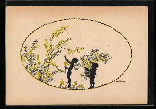 Künstler-AK Elsbeth Forck: Zwerg assistiert Elfe beim Blumenpflücken
