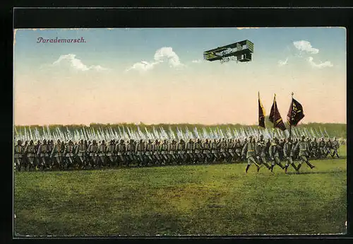 Künstler-AK Parademarsch der kaiserlichen Infanterie mit Flugzeug am Horizont