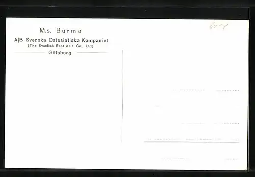 AK Handelsschiff MS Burma der Swedish East Asia Co. vor Anker liegend