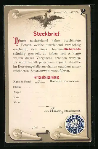 AK Steckbrief, Hinter nachstehend näher bezeichnete Person..., Scherz