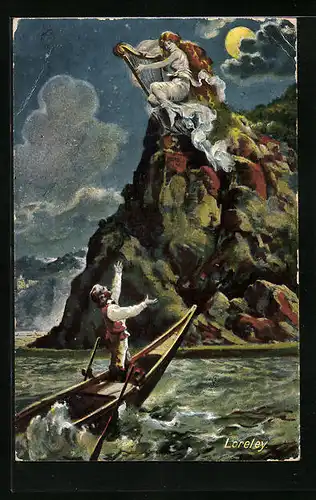 AK Loreley mit Harfe auf Felsen und Mann im Boot bei Mondschein