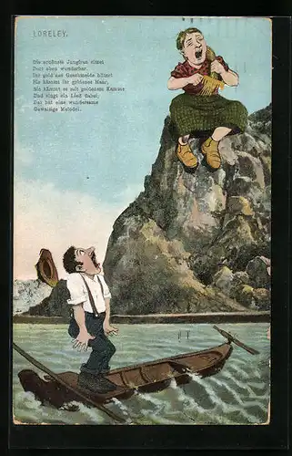 AK Loreley mit Kamm auf Felsen und Mann im Boot