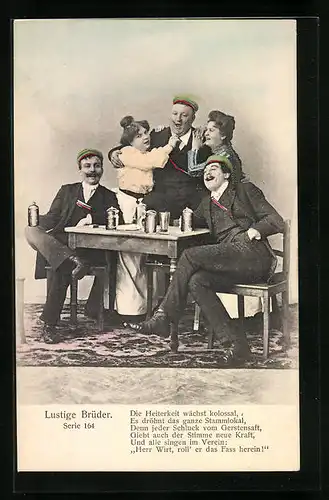 AK Lustige Brüder, Die Heiterkeit wächst kolossal..., Studenten mit Frauen am Biertisch