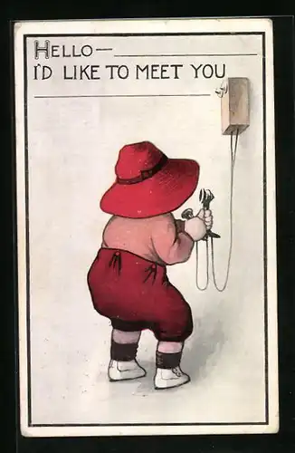 AK Hello I`d like to meet your, Kleiner Junge am Telefon