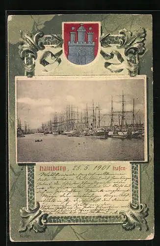 Passepartout-Lithographie Hamburg, Segelschiffe im Hafen, Wappen