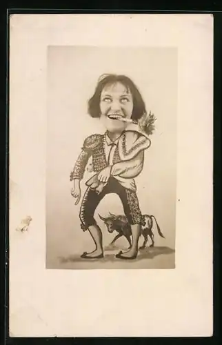 Foto-AK Fotowand mit Guckloch, Frauenkopf auf Körper eines Torero