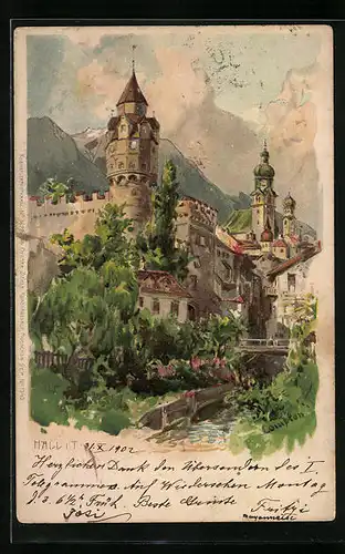 Künstler-AK Edward Theodore Compton: Hall i. T., Teilansicht mit Schloss und Kirche